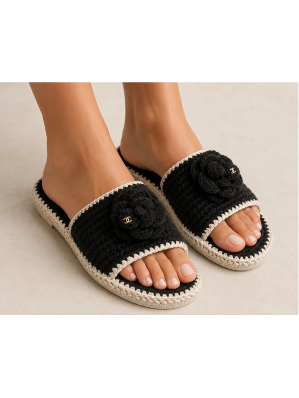 Chanel Crochet Camellia Flower Slide Sandals Black Beige 7/37
